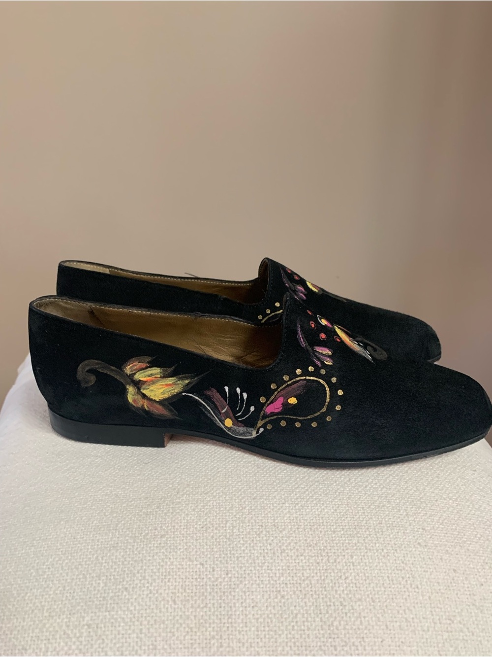 Rare Stephane Kelian Black Suede Loafers with hand painted detailing (SZ 5.5)